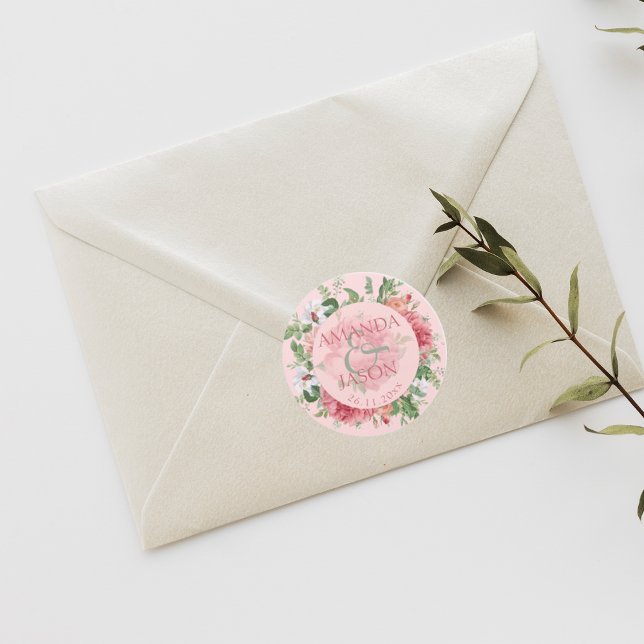 Pegatina Redonda Rubor Bonito blanca rosa Floral lindo Boda (Blush Pink White Pretty Floral cute Wedding Classic Round Sticker)