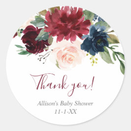 Pegatina Redonda Rubor burdeos rosa azul marino floral elegante