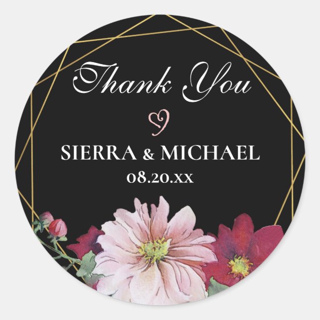 Pegatina Redonda Rubor Burgundy Gold Black Boda Gracias (Anverso)