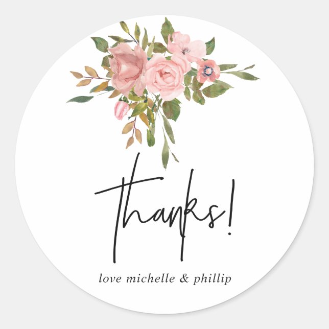 Pegatina Redonda Rubor floral acuarela y oro Rosa Gracias (Anverso)