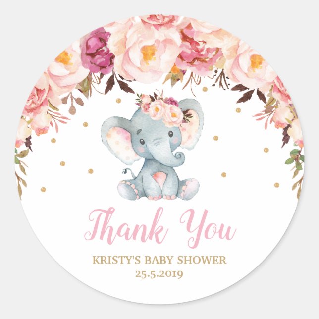 Pegatina Redonda Rubor Floral Elephant Baby Shower Cumpleaños Favor (Anverso)