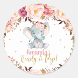 Pegatina Redonda Rubor Floral Elephant Baby Shower listo para pop