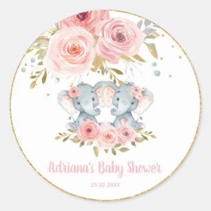 Pegatina Redonda Rubor Floral Elephant Twins Baby Girl Favor De La 