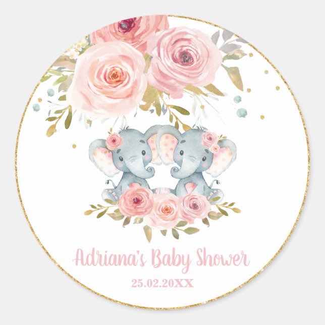 Pegatina Redonda Rubor Floral Elephant Twins Baby Girl Shower Favor (Anverso)