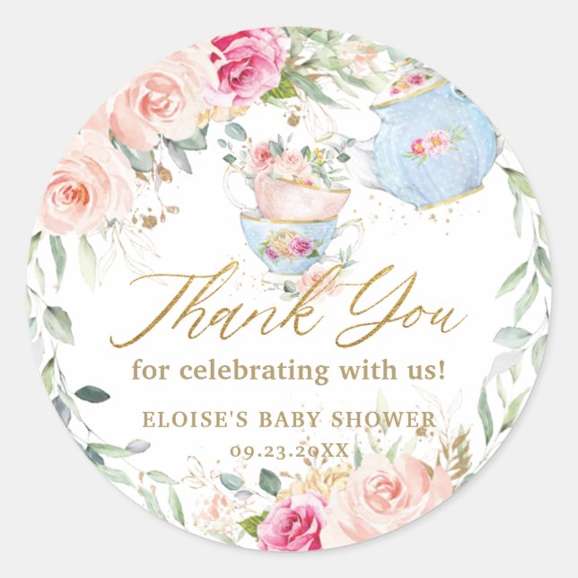 Pegatina Redonda Rubor Floral High Tea Fiesta Baby Bridal Cumpleaño (Anverso)