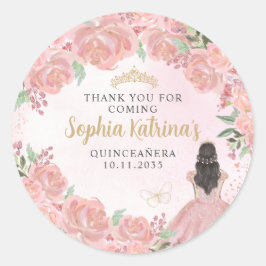 Pegatina Redonda Rubor Floral Oro rosa Quinceanera Favor de cumplea