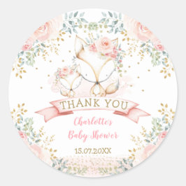 Pegatina Redonda Rubor Gold Floral Fox Boho Woodland Baby Shower