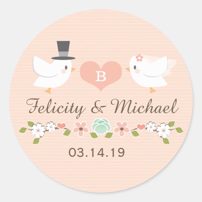 PEGATINA REDONDA RUBOR MONOGRAMADO DOVE LOVE BIRDS BODA (Anverso)