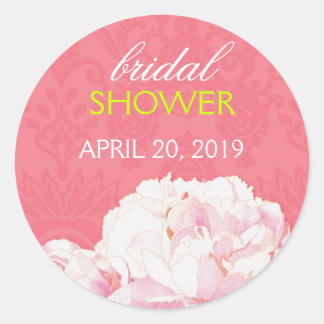 Pegatina Redonda Rubor Peony Coral Pink Bridal Shower