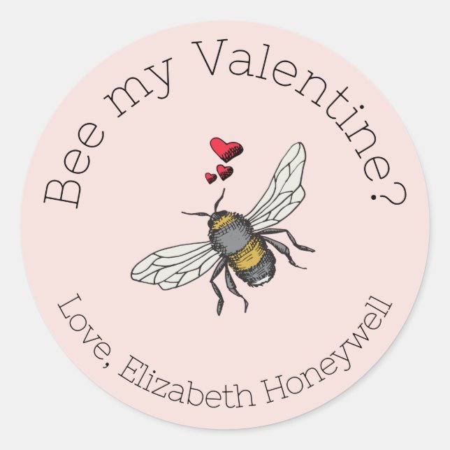 Pegatina Redonda Rubor Pink Bee My Valentine Honeybee (Anverso)