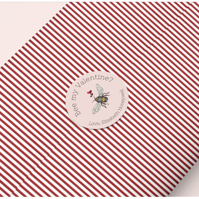 Pegatina Redonda Rubor Pink Bee My Valentine Honeybee (Simple & Modern "Bee Mine" Blush Pink Sticker. Hand-Drawn Honeybee & Red Hearts for Valentine's Day.)
