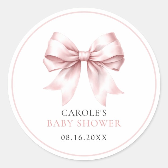Pegatina Redonda Rubor Pink Bow Baby Baby Shower (Anverso)
