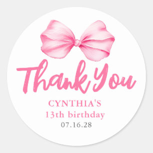 Pegatina Redonda Rubor Pink Bow Birthday Favorita Gracias