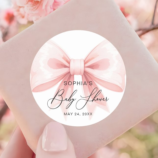 Pegatina Redonda Rubor Pink Bow Moderno Favor Baby Shower (Subido por el creador)