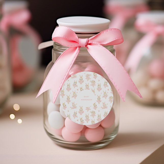 Pegatina Redonda Rubor Pink Bunny Rabbit Ballerina Baby Shower (Sticker mockup with ballerina rabbits and custom baby name for a baby shower favor gift)