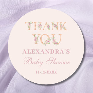 Pegatina Redonda Rubor Pink Floral Baby Shower Gracias