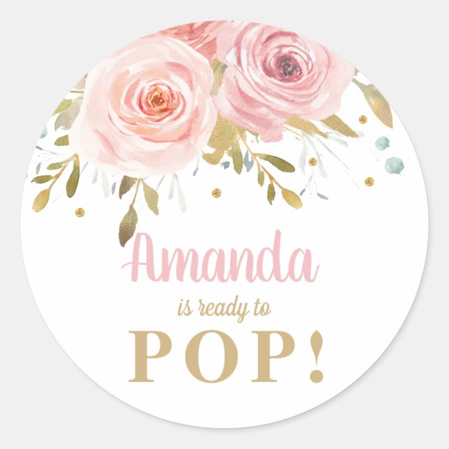 Pegatina Redonda Rubor Pink Floral Baby Shower listo para populariz (Anverso)