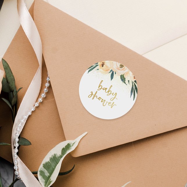 Pegatina Redonda Rubor Pink Floral Bouquet Gold Script Baby Shower (Sticker Mock-up)