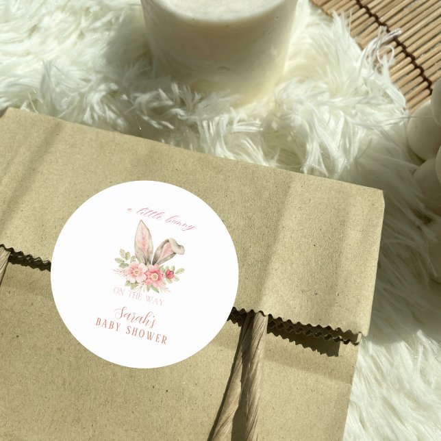 Pegatina Redonda Rubor Pink Floral Bunny ears Baby Shower (Subido por el creador)