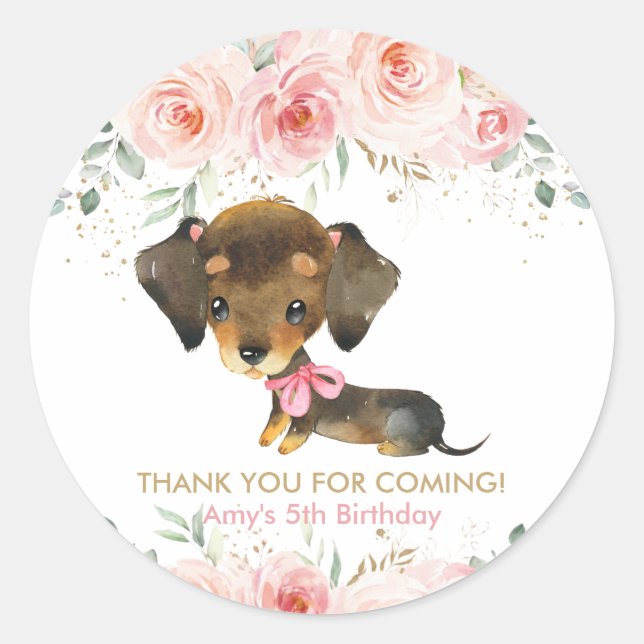 Pegatina Redonda Rubor Pink Floral Cute Dachshund Puppy Dog Favorit (Anverso)