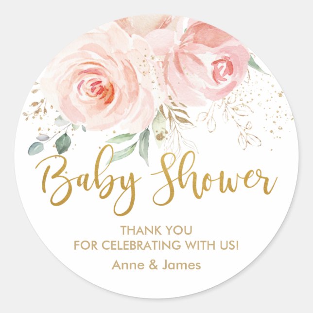 Pegatina Redonda Rubor Pink Floral Gold Baby Shower Gracias A Favor (Anverso)