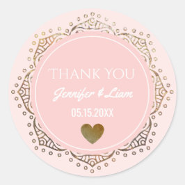 Pegatina Redonda Rubor Pink Gold Boho Boda Heart Gracias Por Favor