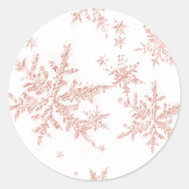Pegatina Redonda Rubor Pink Gold Snowflakes White (Anverso)