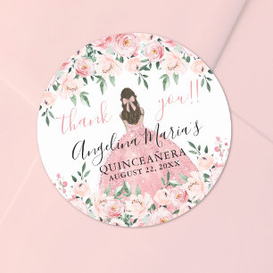 Pegatina Redonda Rubor Pink Gracias Floral Quinceanera