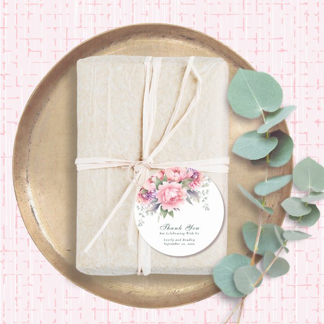 Pegatina Redonda Rubor Pink Purple Floral Script Boda Gracias (Subido por el creador)