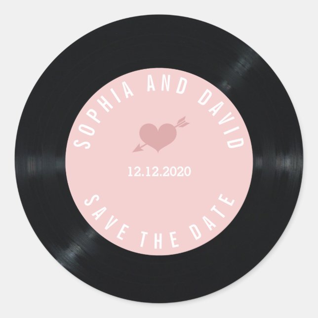Pegatina Redonda Rubor Retro Vinyl Record Wedding GUARDAR LA FECHA (Anverso)