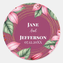 Pegatina Redonda Rubor Rojo Floral Rosa