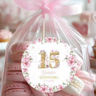 Pegatina Redonda Rubor Rosa Dorado Mis Quince Quinceañera