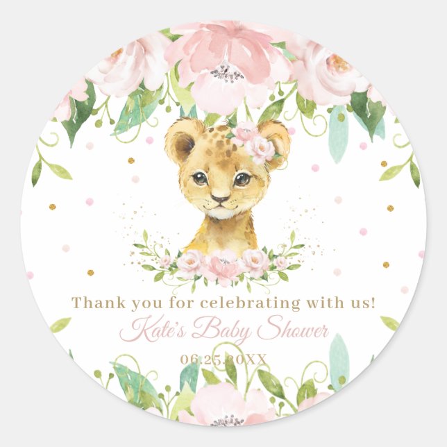 Pegatina Redonda Rubor Rosado Floral Cute Lion Shower Gracias Por F (Anverso)