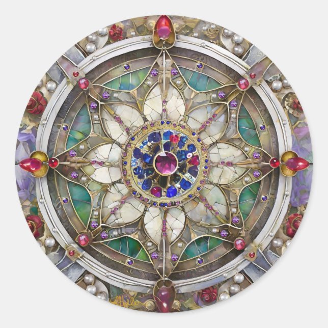 Pegatina Redonda Ruby, Amethyst, Sapphire y Pearl Mandala (Anverso)