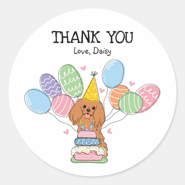Pegatina Redonda Ruby Cavalier King Charles Spaniel Cumpleaños (Anverso)