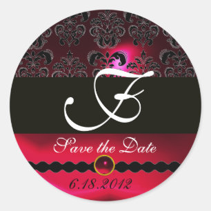 Pegatina Redonda RUBY NEGRO Y ROJO DAMASK MONOGRAM, borgoña