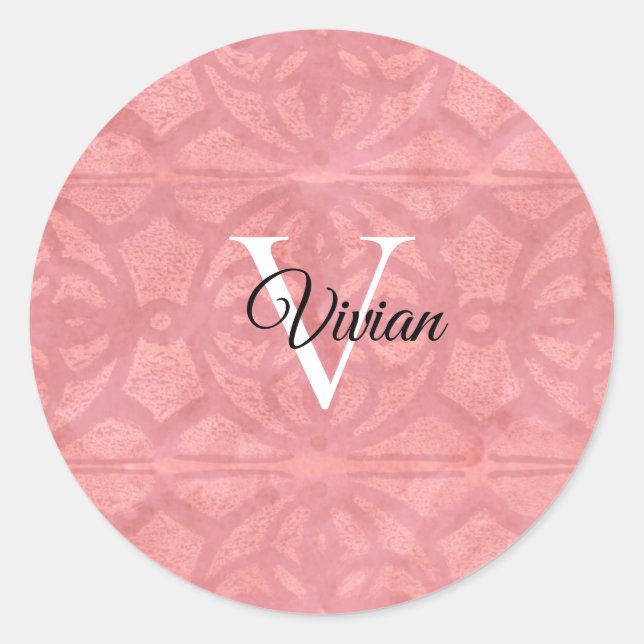 Pegatina Redonda Ruddy Pink Water Batik Monograma Nombre (Anverso)