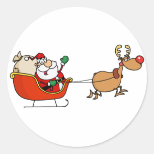 Pegatina Redonda Rudolph Volando Kris Kringle En Su Sleigh