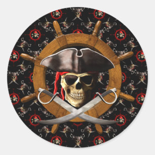 Pegatina Redonda Rueda alegre del pirata de Rogelio