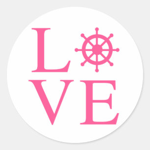 Pegatina Redonda Rueda de barco de amor rosa y blanco boda náutica
