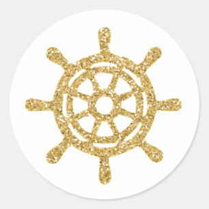 Pegatina Redonda Rueda de barco náutica de oro brillante