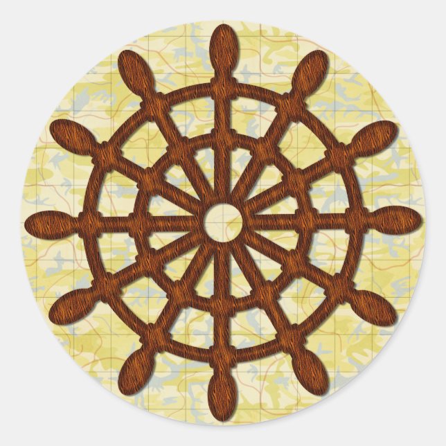 Pegatina Redonda Rueda de la nave en el viejo mapa de la madera Mar (Anverso)