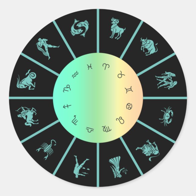 Pegatina Redonda Rueda de Signos del Zodiaco (Anverso)
