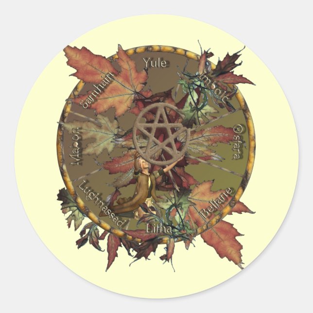 Pegatina Redonda Rueda De Wiccan Con Pegatinas Pentacle (Anverso)