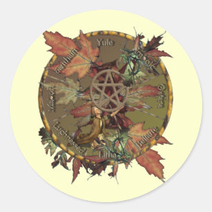 Pegatina Redonda Rueda De Wiccan Con Pegatinas Pentacle