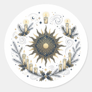 Pegatina Redonda Rueda del Sol del Solsticio de Invierno con Velas
