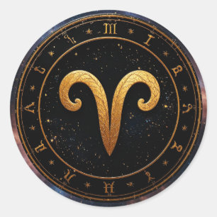 Pegatina Redonda Rueda del Zodiaco Símbolo de Aries Dorado