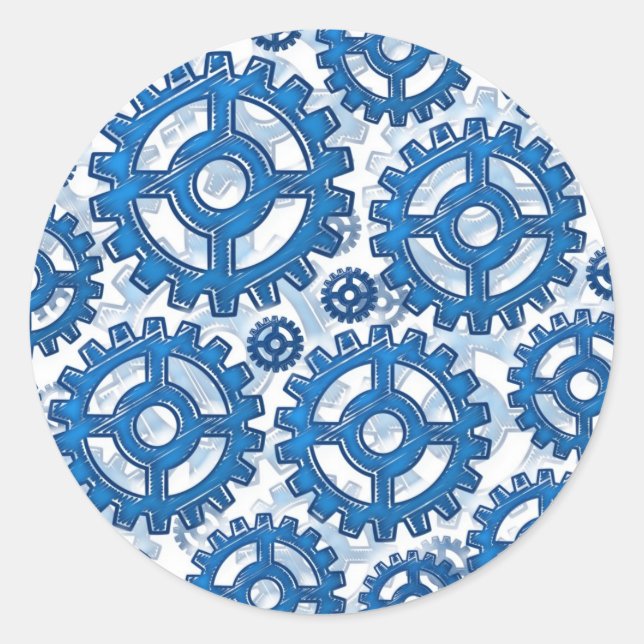 Pegatina Redonda Ruedas de engranajes azules (Anverso)
