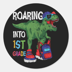 Pegatina Redonda Rugiendo en 1er Grado Dinosaurio Regreso a la Escu