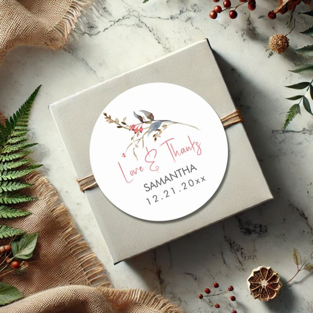 Pegatina Redonda Ruidosa acuarela ducha de novia gracias (Fall and winter bridal shower favor stickers personalized rustic watercolor berries)